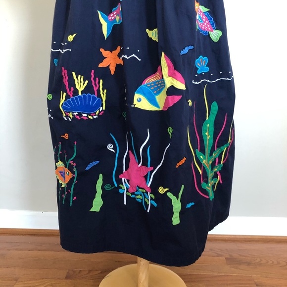 Smithsonian Institution House Dress Kaftan Embroidered Sea Fish Appliqué Blue M - Picture 5 of 6